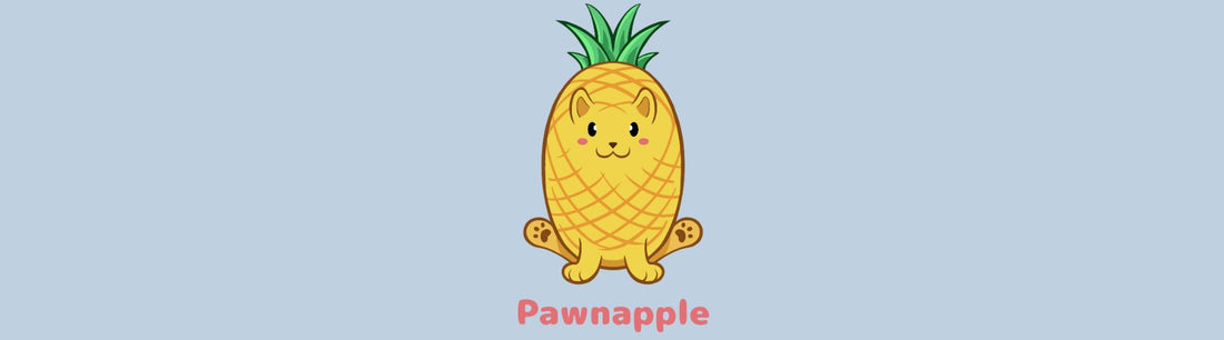 Image of the adorable Pawnappleā¢, which is a pineapple drawn as a cute kitten
