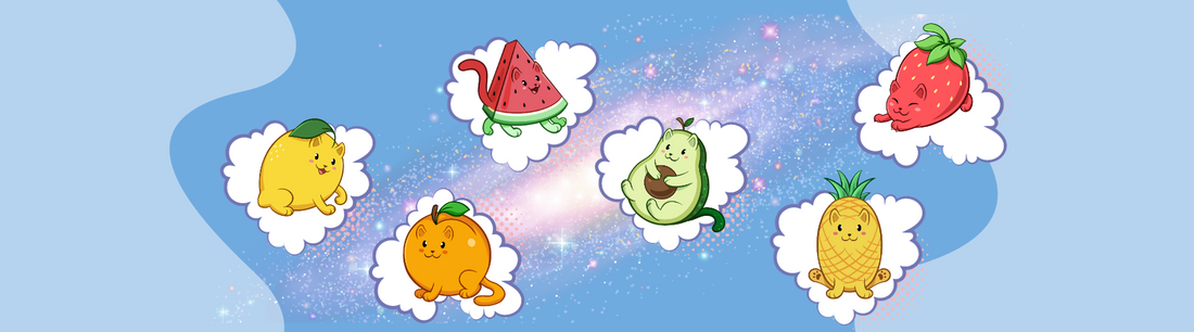 The six adorable Fruitkittens⢠floating around on heart-shaped clouds. Fruitkittens⢠are cute cats drawn as fruit.