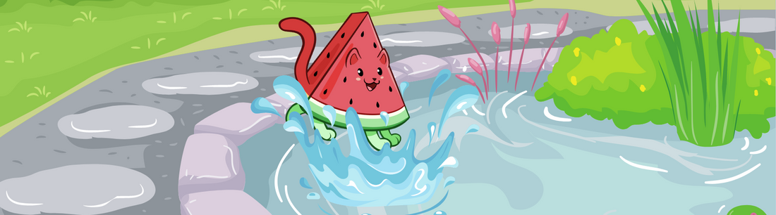 Image of the adorable Watermewlon⢠jumping in a pond, which is a watermelon drawn as a cute kitten