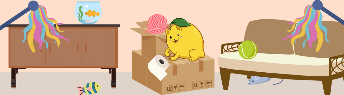 Lemeow⢠playing with DIY cat toys. Lemeow⢠is a cute kitten drawn as a lemon.