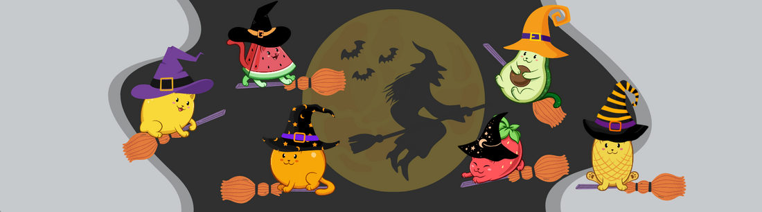 The adorable Fruitkittens⢠flying on broomsticks in the night-sky, wearing witch-hats, Halloween-themed. Fruitkittens⢠are cute cats drawn as fruit.