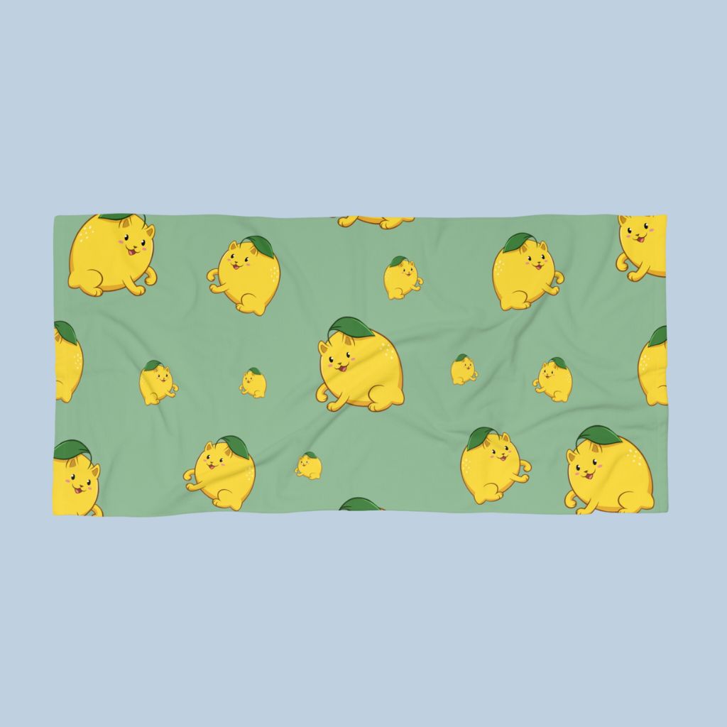 Light Green Beach Towel with Lemeow⢠print. Lemeow⢠is a lemon drawn as a cute cat.