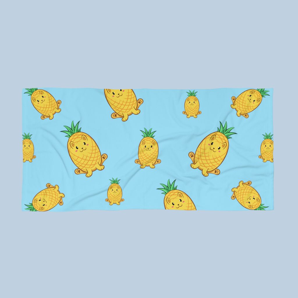 Light Blue Beach Towel with Pawnapple⢠print. Pawnapple⢠is a pineapple drawn as a cute cat.
