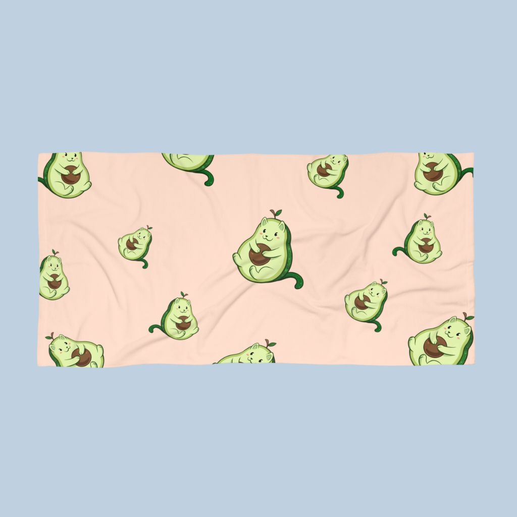 Beige Beach Towel with Pawocado⢠print. Pawocado⢠is an avocado drawn as a cute cat.