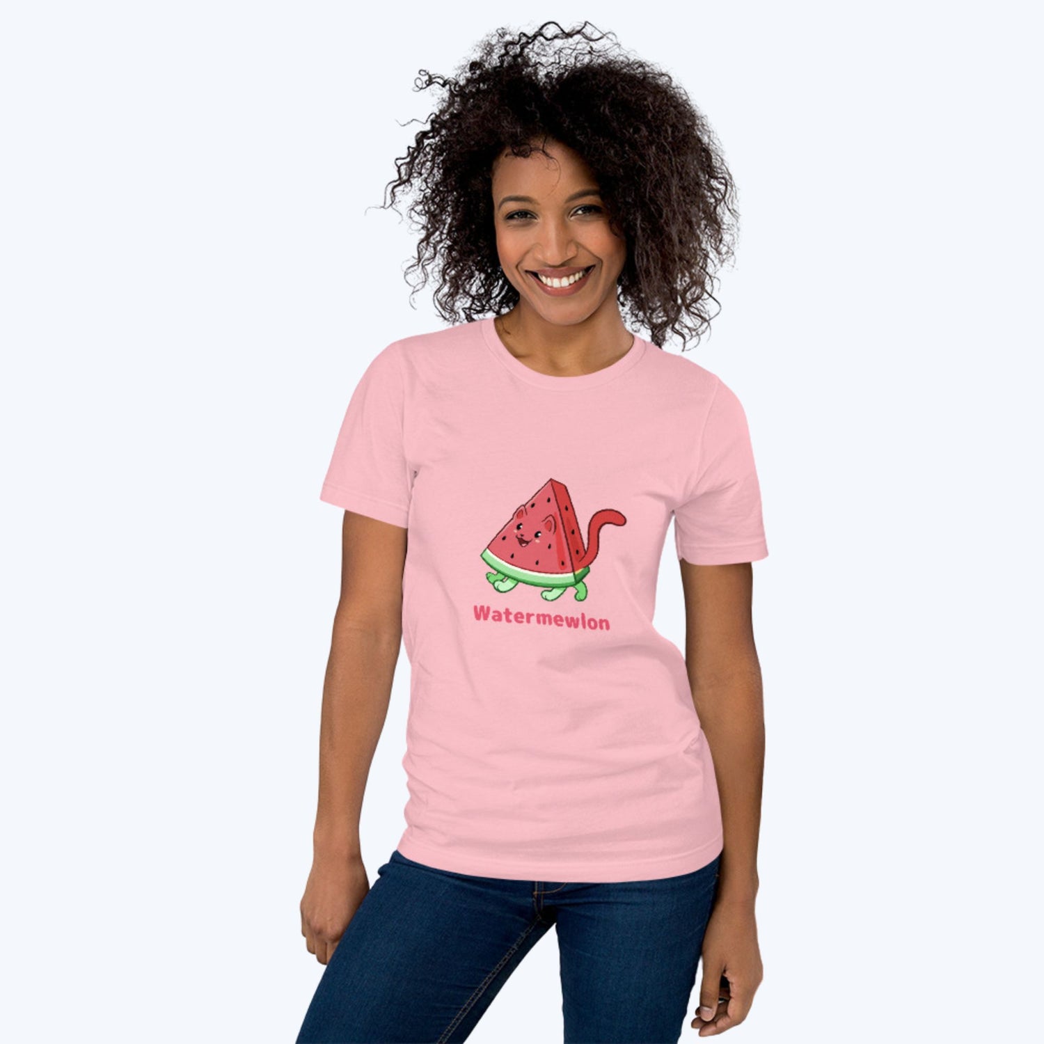 Woman wearing a pink Watermewlon T-Shirt