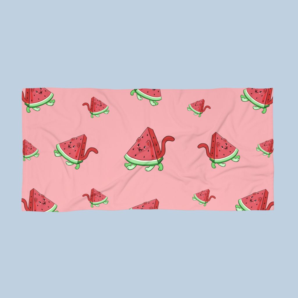 Pink Beach Towel with Watermewlon⢠print. Watermewlon⢠is a watermelon drawn as a cute cat.