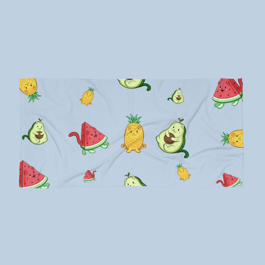 Light Blue Beach Towel with Fruitkittens⢠logo. Fruitkittens⢠are fruits drawn as cute cats. The logo features Pawocadoâ˘, Pawnapple⢠and Watermewlonâ˘
