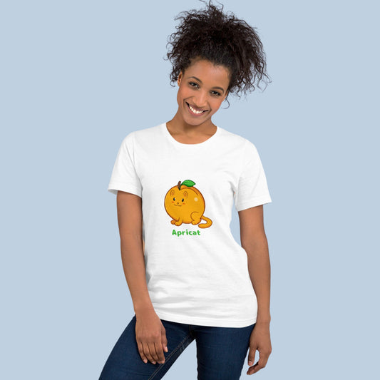 Woman wearing a white T-Shirt with Apricat⢠print. Apricat⢠is an apricot drawn as a cute cat.