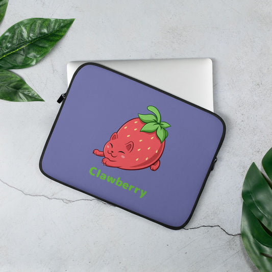 Purple Laptop Case, 13 inches, with Clawberry⢠print. Clawberry⢠is a strawberry drawn as a cute cat.