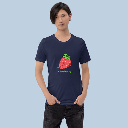 Man wearing a navy blue T-Shirt with Clawberry⢠print. Clawberry⢠is a strawberry drawn as a cute cat.