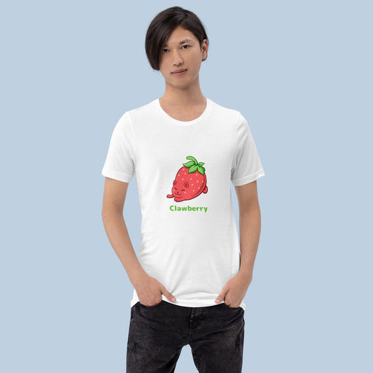 Man wearing a white T-Shirt with Clawberry⢠print. Clawberry⢠is a strawberry drawn as a cute cat.