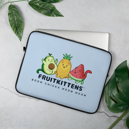 Light Blue Laptop Case, 15 inches, with Fruitkittens⢠logo. Fruitkittens⢠are fruits drawn as cute cats. The logo features Pawocadoâ˘, Pawnapple⢠and Watermewlonâ˘