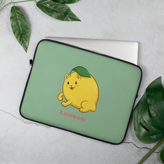 Light Green Laptop Case, 15 inches, with Lemeow⢠print. Lemeow⢠is a lemon drawn as a cute cat.