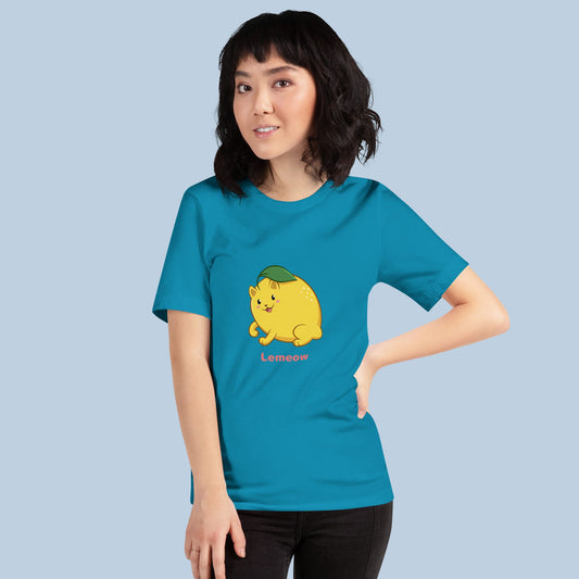 Woman wearing an aqua blue T-Shirt with Lemeow⢠print. Lemeow⢠is a lemon drawn as a cute cat.