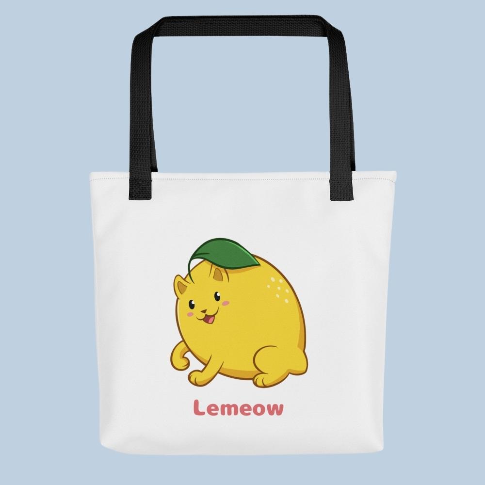 White Tote Bag with Lemeow⢠print. Lemeow⢠is a lemon drawn as a cute cat.