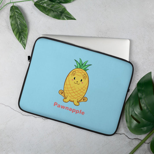 Light Blue Laptop Case, 15 inches, with Pawnapple⢠print. Pawnapple⢠is a pineapple drawn as a cute cat.