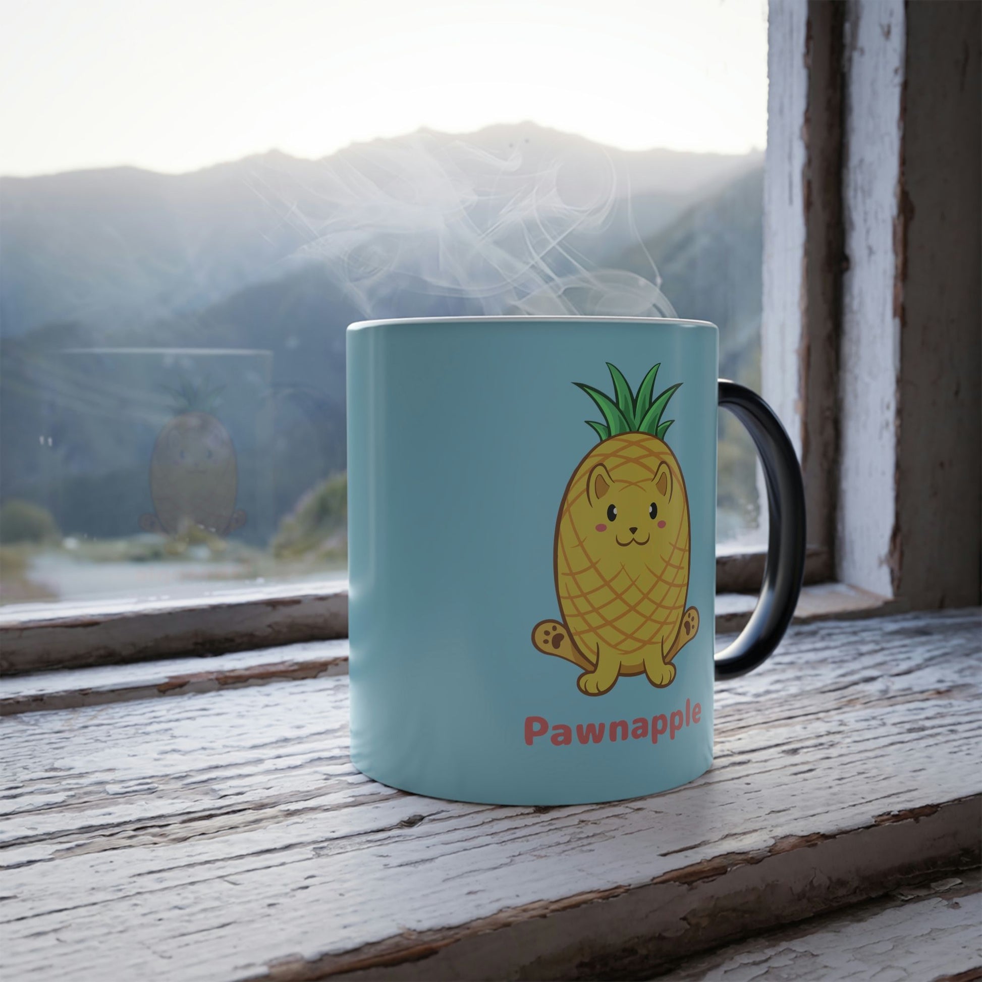 Light Blue Magic Mug with Pawnapple⢠print standing in a window. Pawnapple⢠is a pineapple drawn as a cute cat.