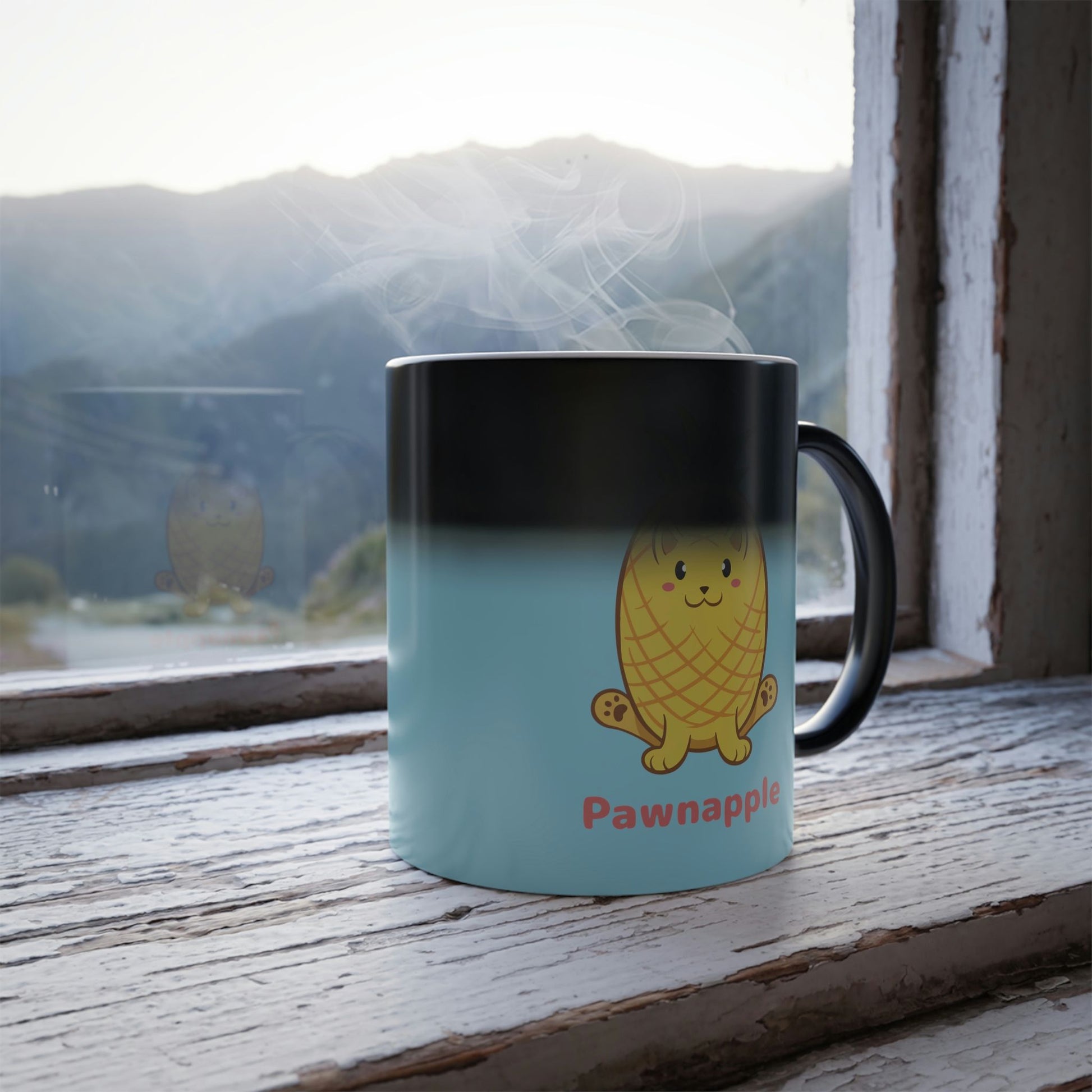 Light Blue Magic Mug with Pawnapple⢠print standing in a window turning from black into the print. Pawnapple⢠is a pineapple drawn as a cute cat.