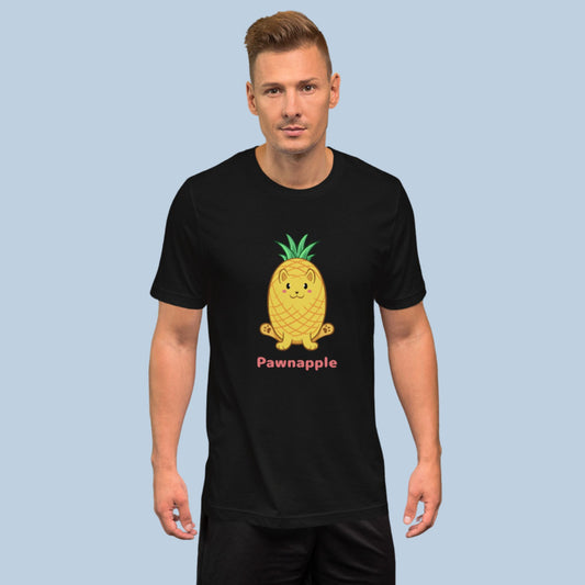Man wearing a black T-Shirt with Pawnapple⢠print. Pawnapple⢠is a pineapple drawn as a cute cat.