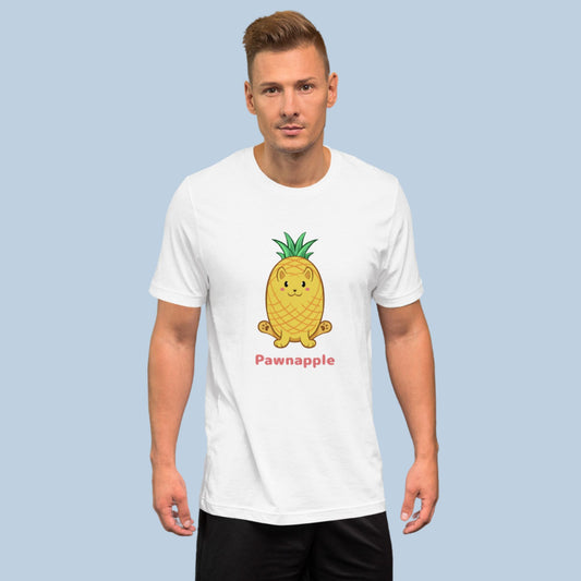 Man wearing a white T-Shirt with Pawnapple⢠print. Pawnapple⢠is a pineapple drawn as a cute cat.