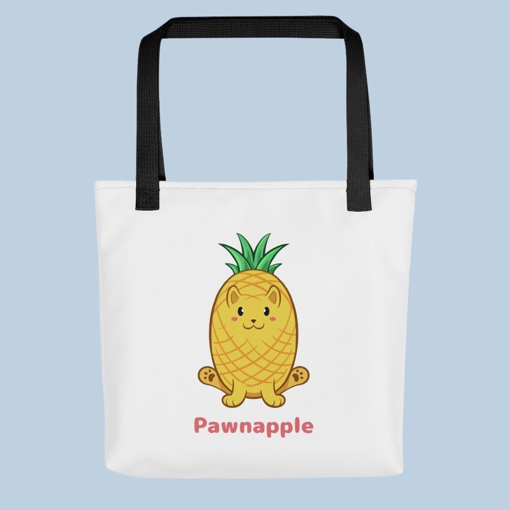 White Tote Bag with Pawnapple⢠print. Pawnapple⢠is a pineapple drawn as a cute cat.