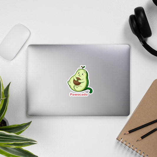 5.5 x 5.5 inch Sticker with Pawocado⢠print. The sticker is on a laptop. Pawocado⢠is an avocado drawn as a cute cat.