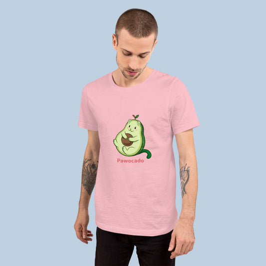Man wearing a pink T-Shirt with Pawocado⢠print. Pawocado⢠is an avocado drawn as a cute cat.