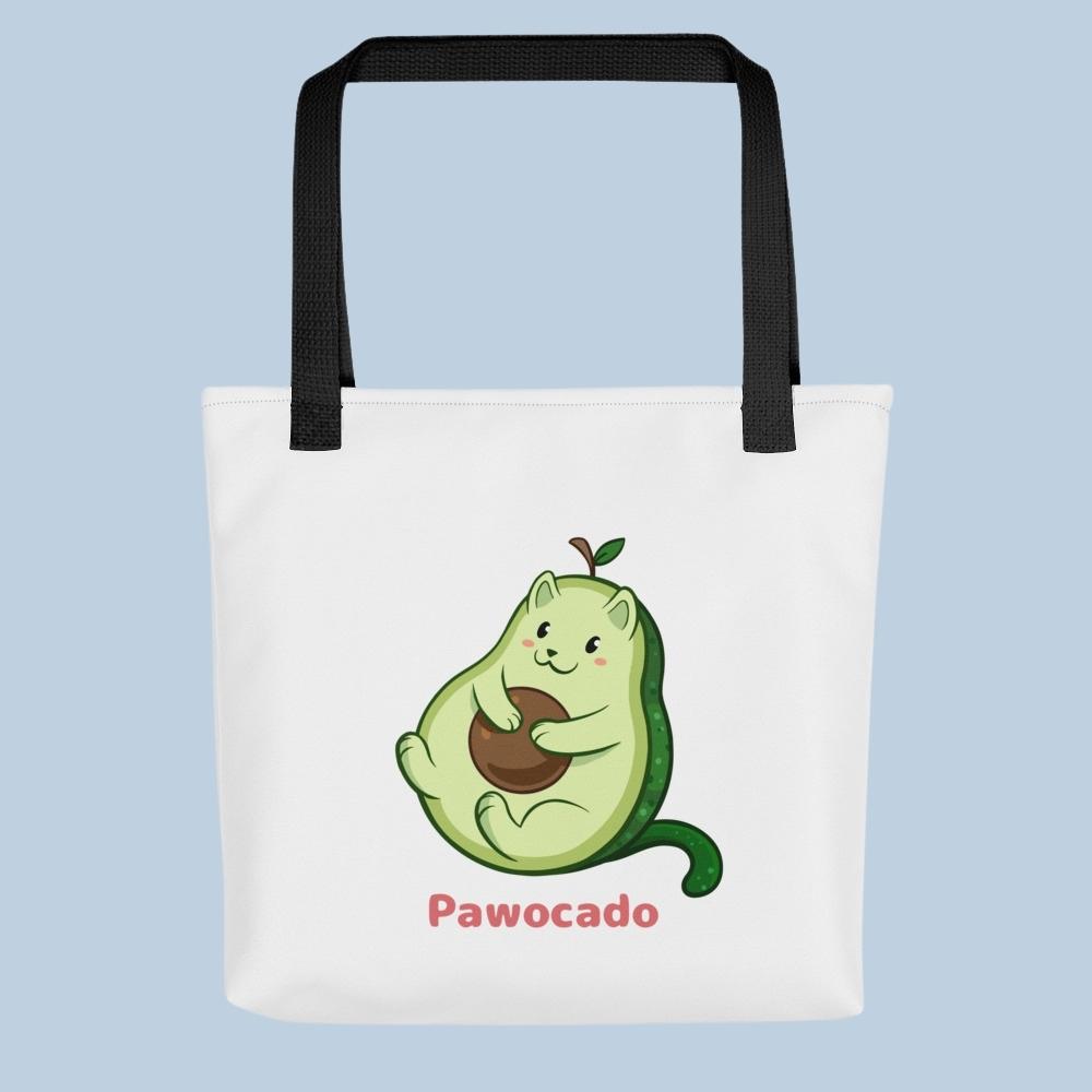 White Tote Bag with Pawocado⢠print. Pawocado⢠is an avocado drawn as a cute cat.