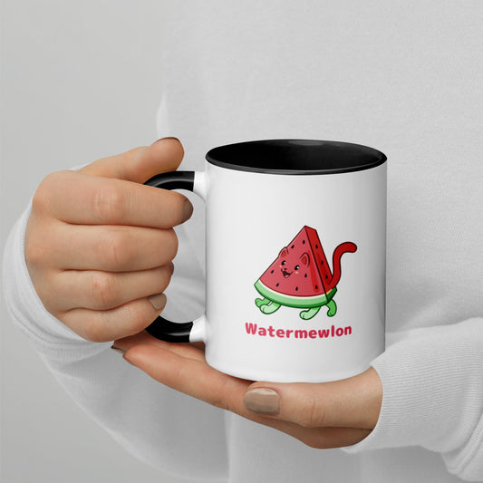 Hands holding a white and black Coffee Mug with Watermewlon⢠print. Watermewlon⢠is a watermelon drawn as a cute cat.