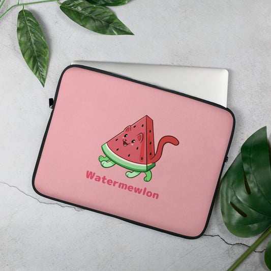 Pink Laptop Case, 15 inches, with Watermewlon⢠print. Watermewlon⢠is a watermelon drawn as a cute cat.