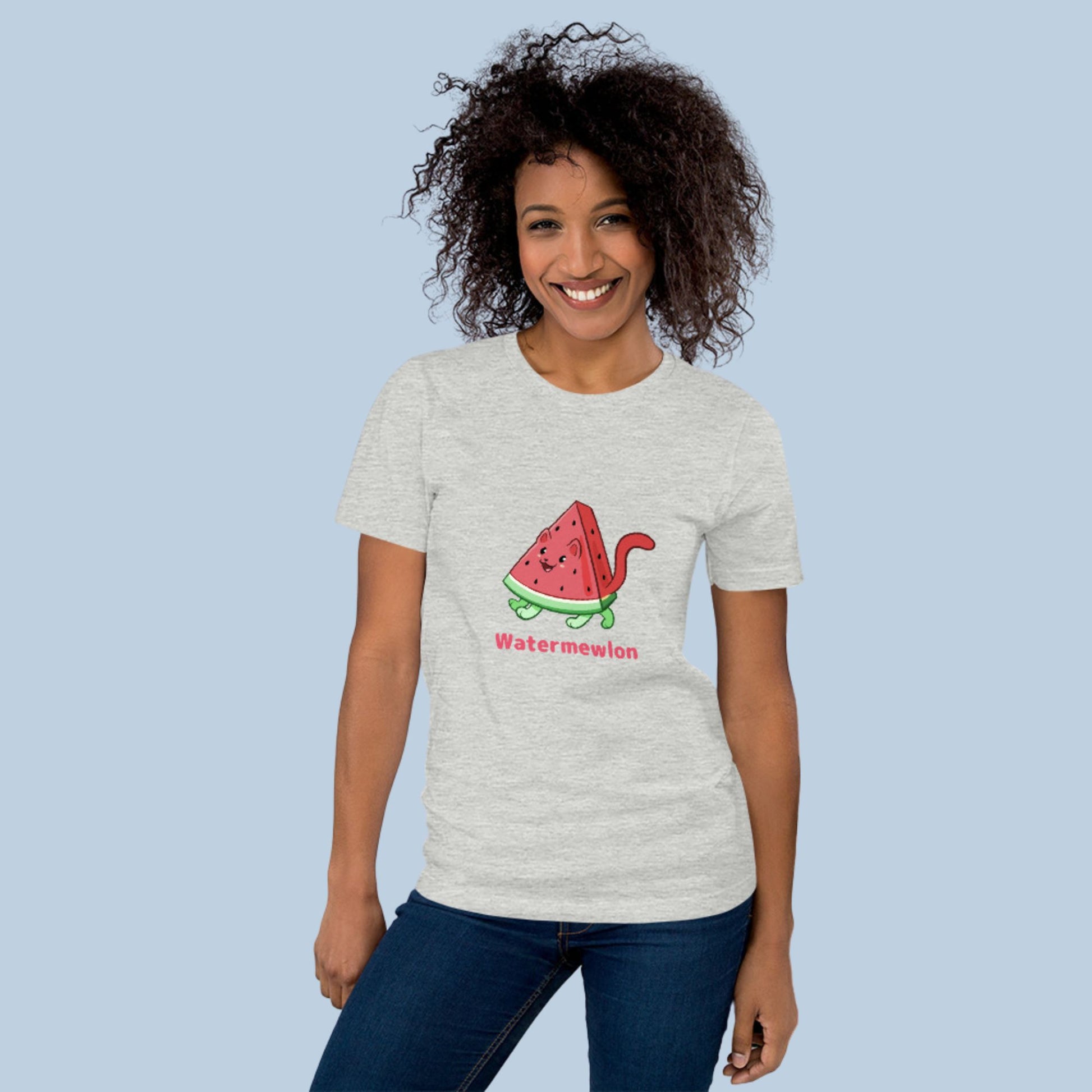Woman wearing an athletic heather grey T-Shirt with Watermewlon⢠print. Watermewlon⢠is a watermelon drawn as a cute cat.
