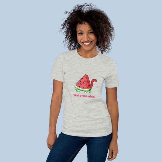 Woman wearing an athletic heather grey T-Shirt with Watermewlon⢠print. Watermewlon⢠is a watermelon drawn as a cute cat.