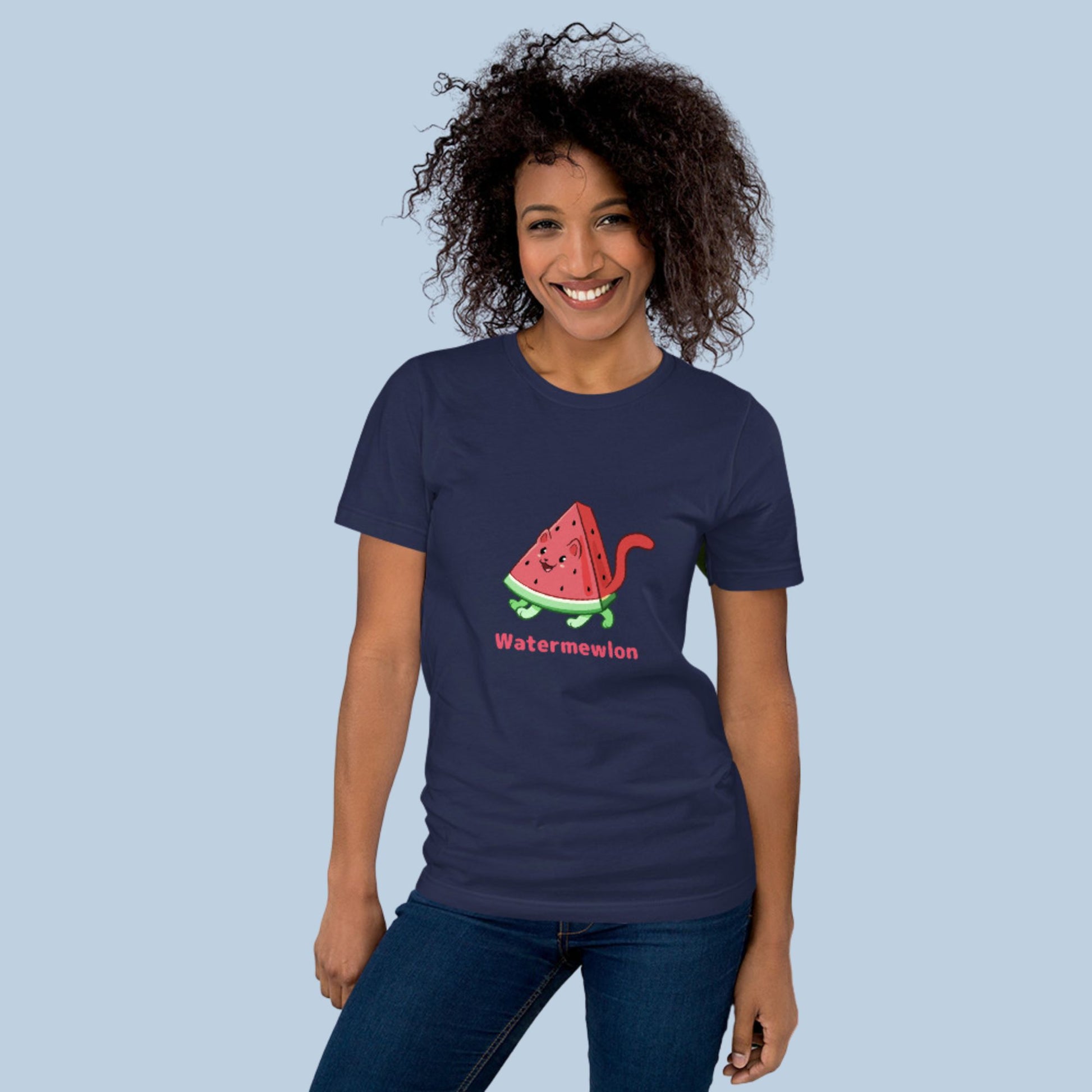 Woman wearing a navy blue T-Shirt with Watermewlon⢠print. Watermewlon⢠is a watermelon drawn as a cute cat.