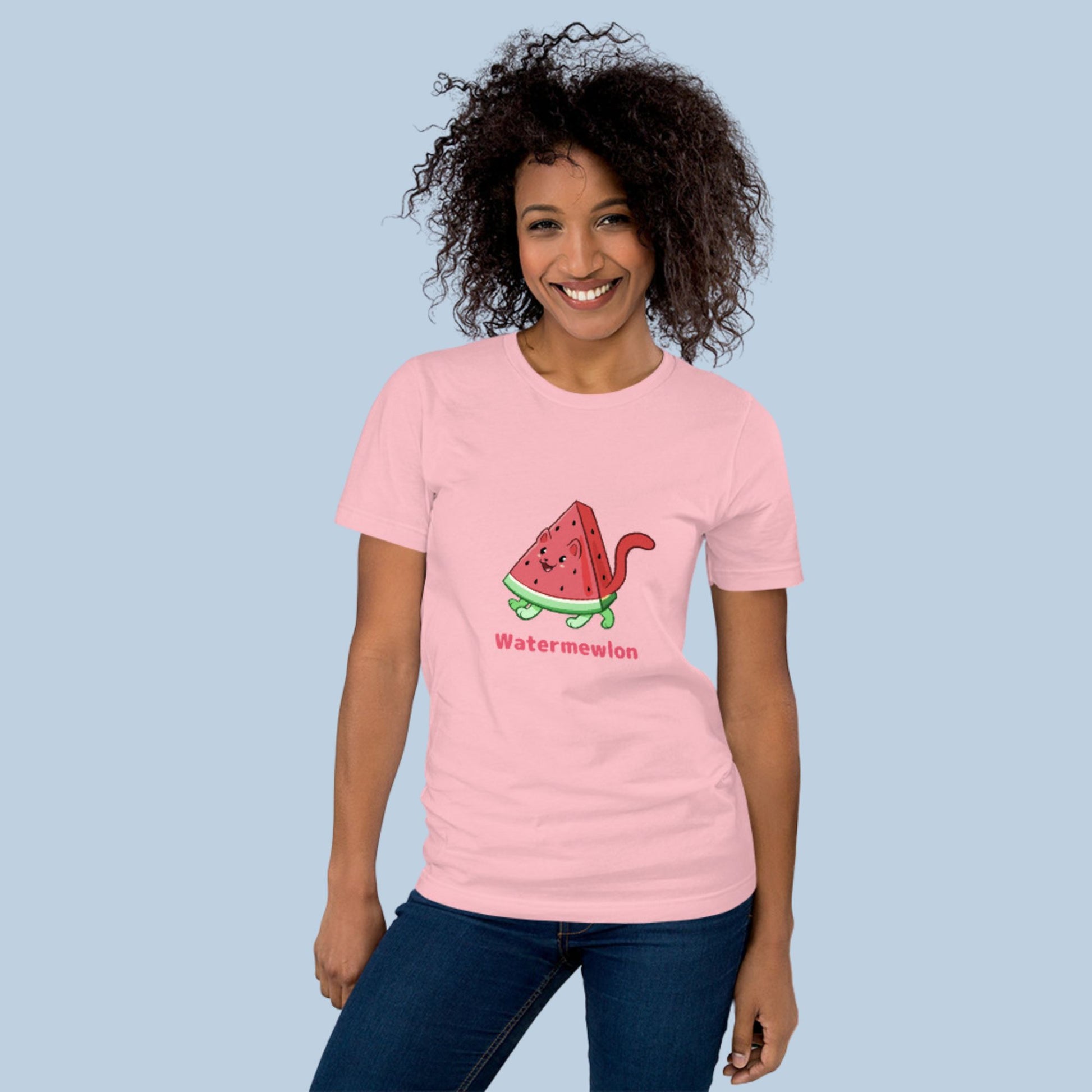Woman wearing a pink T-Shirt with Watermewlon⢠print. Watermewlon⢠is a watermelon drawn as a cute cat.