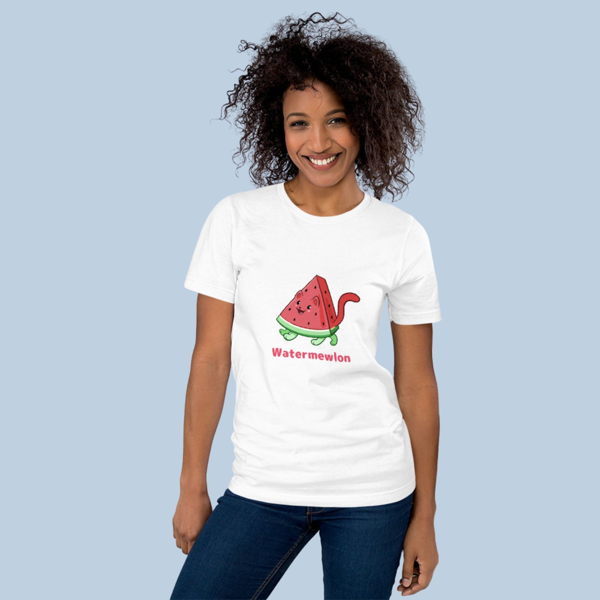 Woman wearing a white T-Shirt with Watermewlon⢠print. Watermewlon⢠is a watermelon drawn as a cute cat.