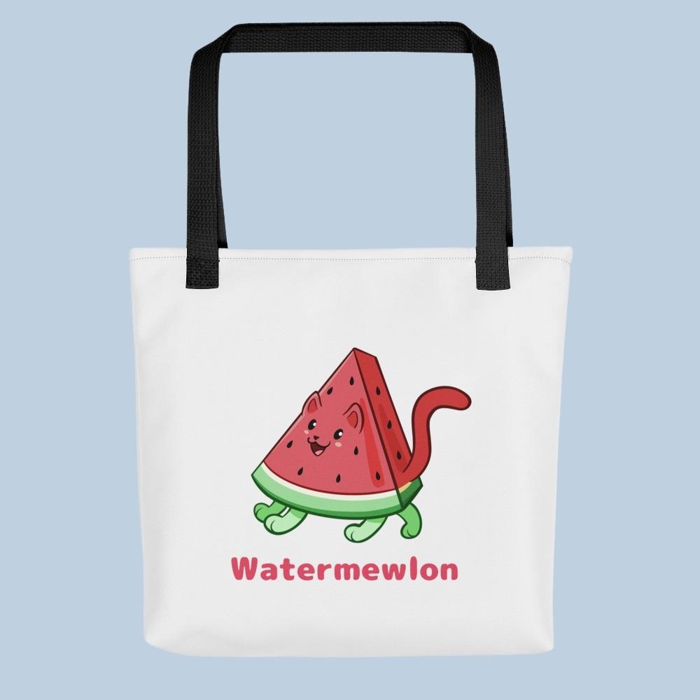 White Tote Bag with Watermewlon⢠print. Watermewlon⢠is a watermelon drawn as a cute cat.