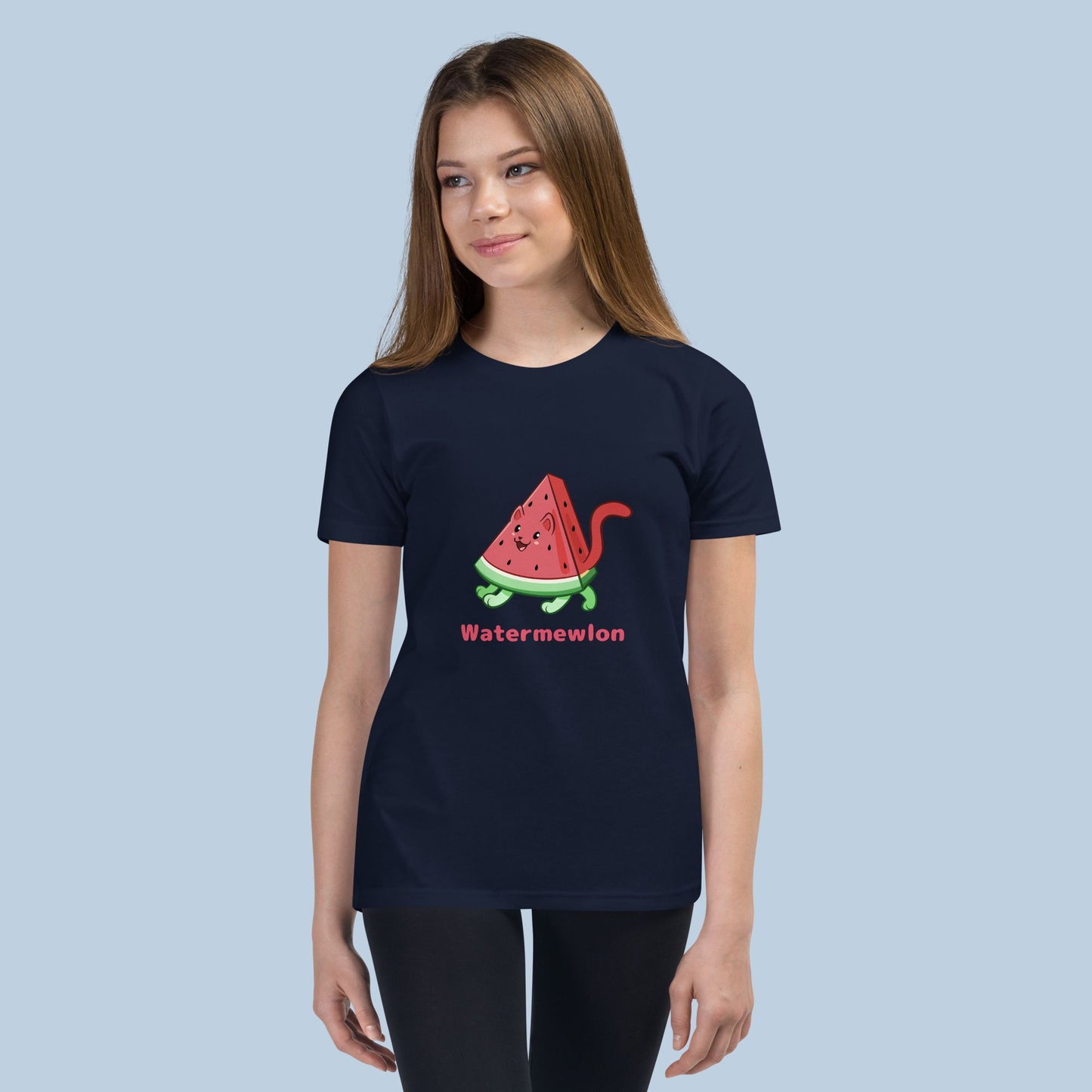Girl wearing a navy blue T-Shirt with Watermewlon⢠print. Watermewlon⢠is a watermelon drawn as a cute cat.