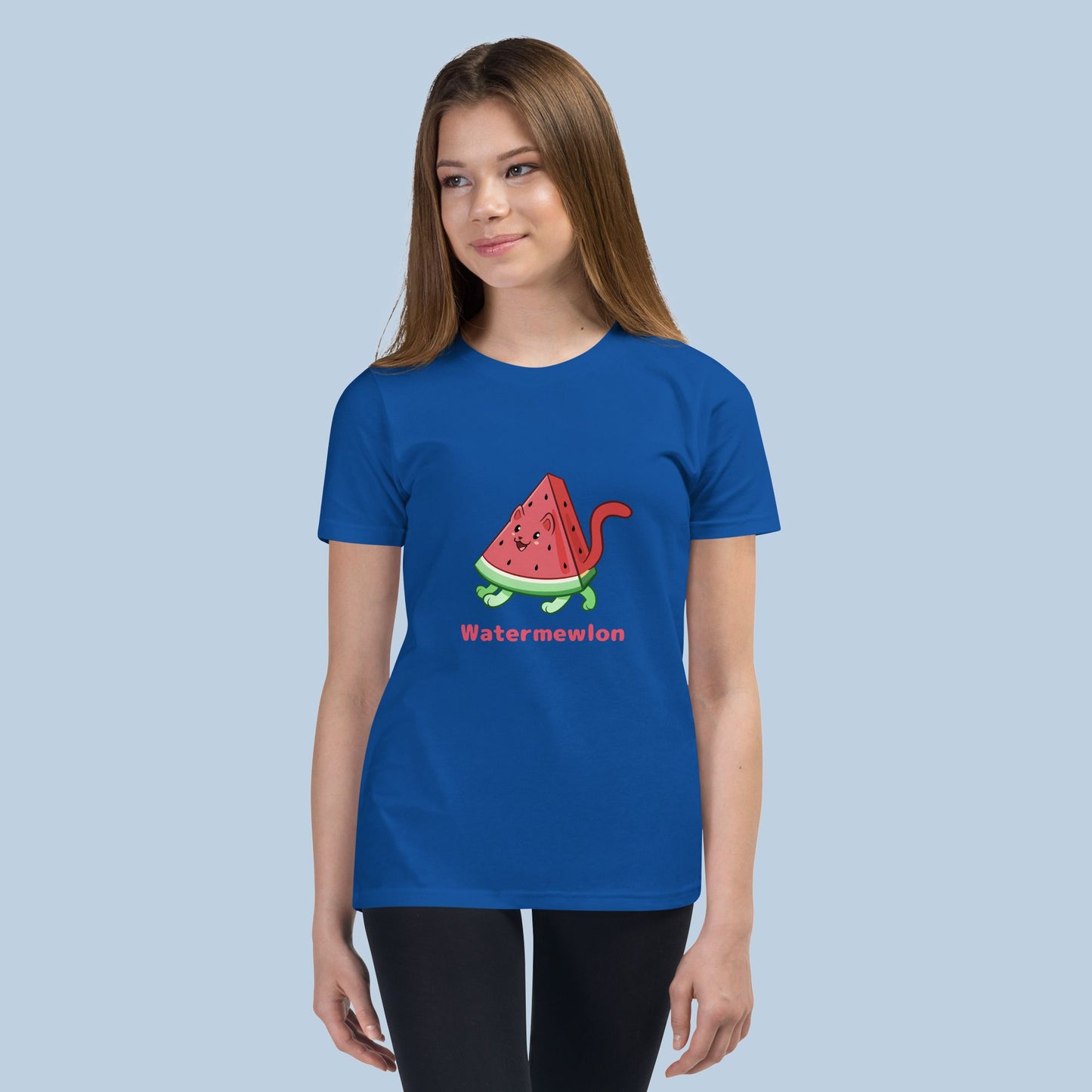 Girl wearing a royal blue T-Shirt with Watermewlon⢠print. Watermewlon⢠is a watermelon drawn as a cute cat.