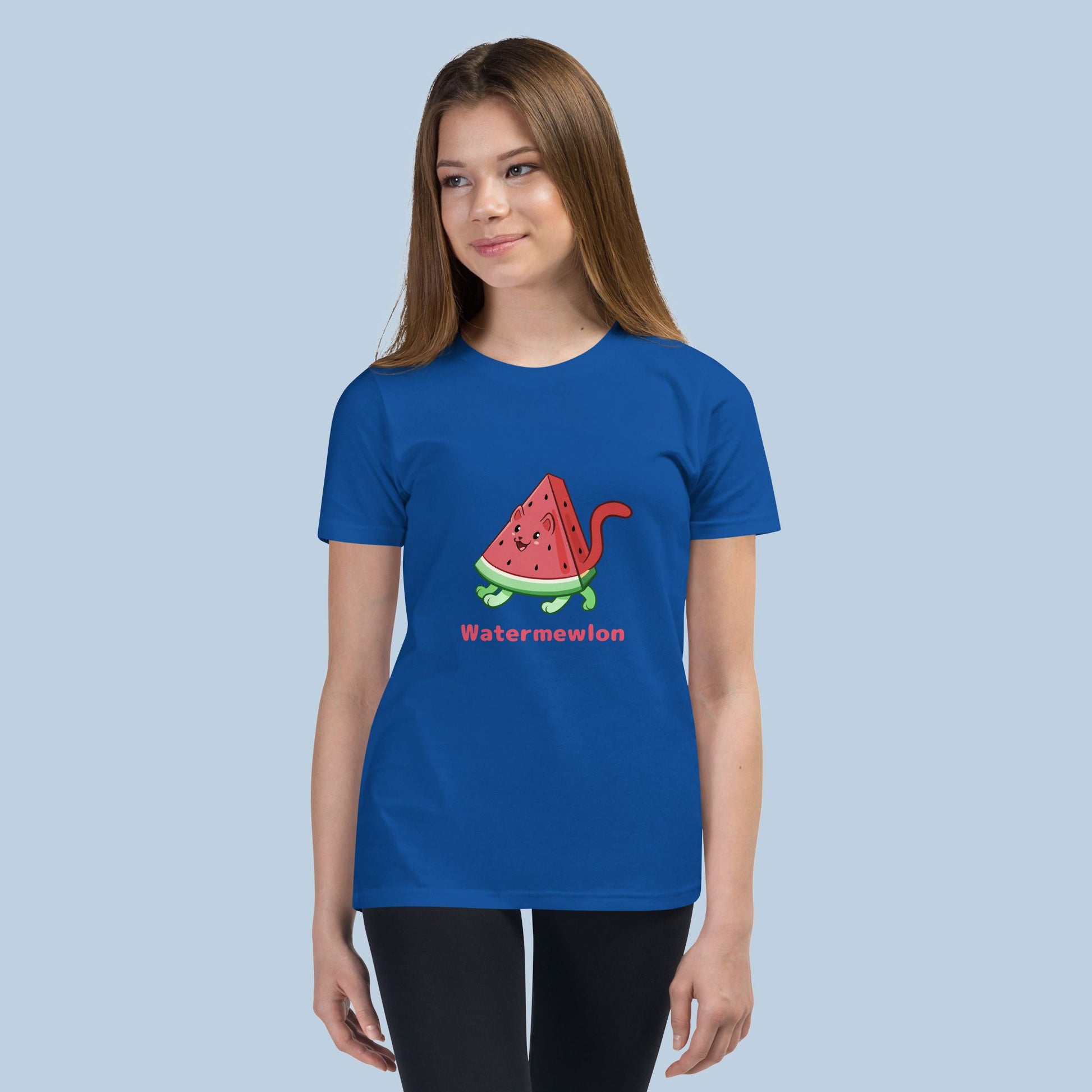 Girl wearing a royal blue T-Shirt with Watermewlon⢠print. Watermewlon⢠is a watermelon drawn as a cute cat.