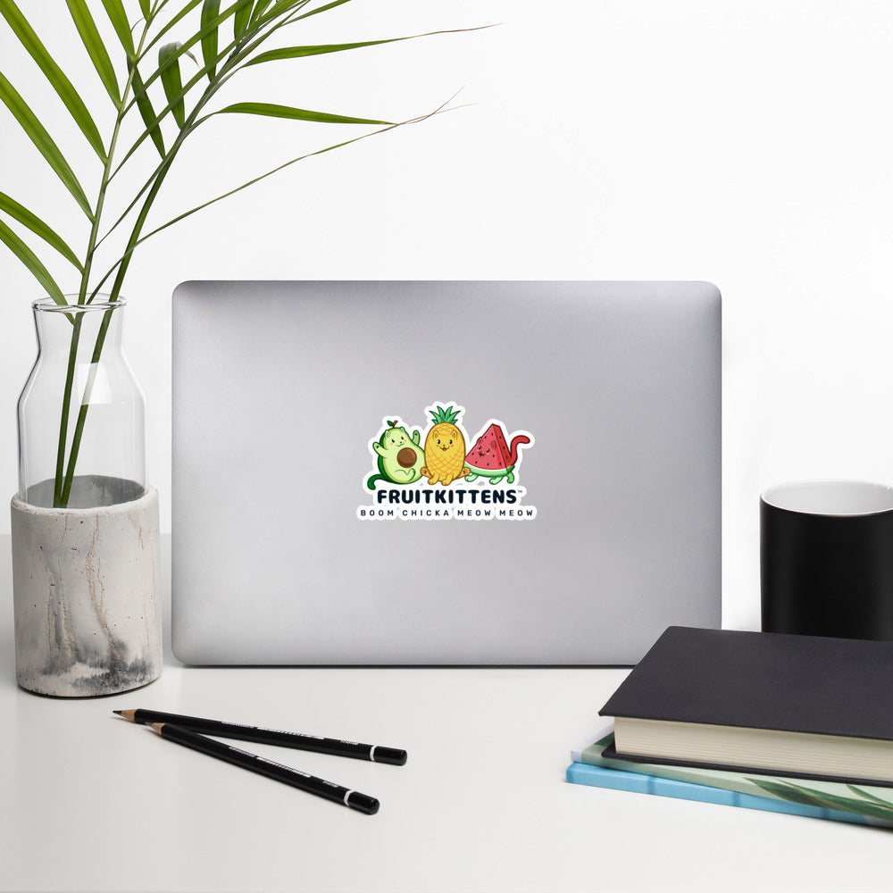 5.5 x 5.5 inch Sticker with Fruitkittens⢠logo. Fruitkittens⢠are fruits drawn as cute cats. The logo features Pawocadoâ˘, Pawnapple⢠and Watermewlonâ˘. The sticker is on a laptop.