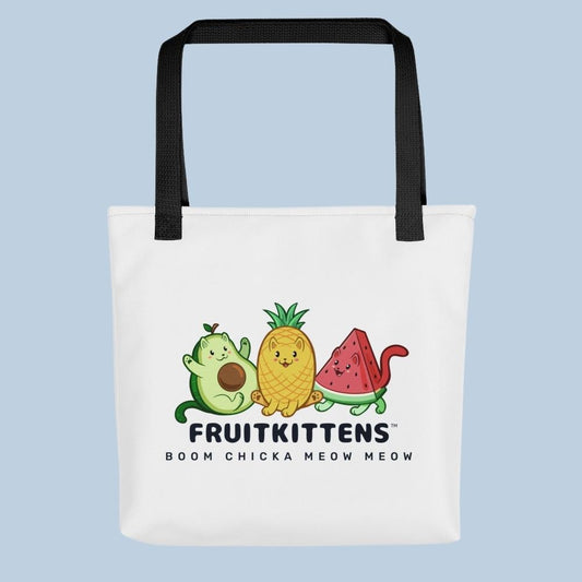 White Tote Bag with Fruitkittens⢠logo. Fruitkittens⢠are fruits drawn as cute cats. The logo features Pawocadoâ˘, Pawnapple⢠and Watermewlonâ˘.