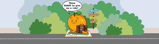 Apricat™ standing on a roadside asking if you'd help give a ride by sharing? Apricat™ is a cute kitten drawn as an apricot.