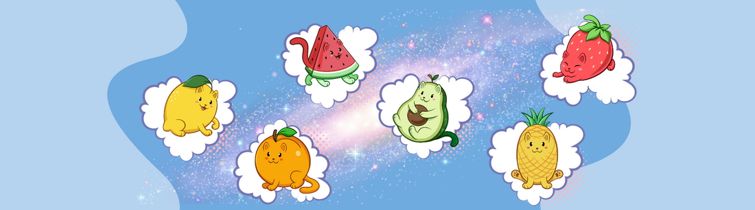 The six adorable Fruitkittens™ floating around on heart-shaped clouds. Fruitkittens™ are cute cats drawn as fruit. 