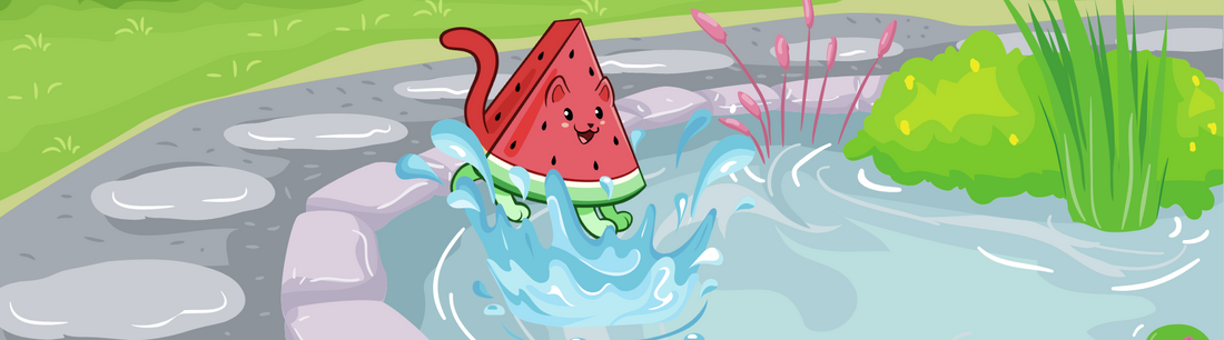 Image of the adorable Watermewlon™ jumping in a pond, which is a watermelon drawn as a cute kitten