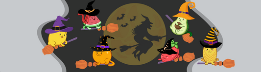 The adorable Fruitkittens™ flying on broomsticks in the night-sky, wearing witch-hats, Halloween-themed. Fruitkittens™ are cute cats drawn as fruit.