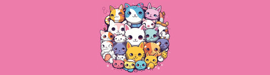 Kawaii, anime/manga-style kittens on a pink background