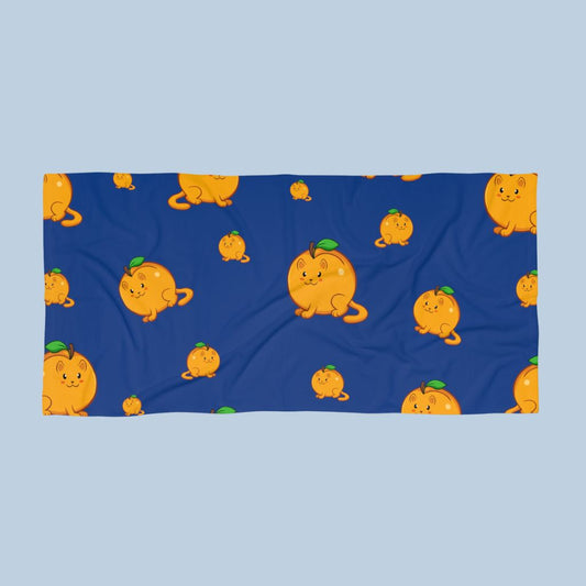 Dark Blue Beach Towel with Apricat™ print. Apricat™ is an apricot drawn as a cute cat.