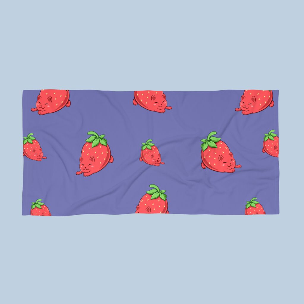 Purple Beach Towel with Clawberry™ print. Clawberry™ is a strawberry drawn as a cute cat.