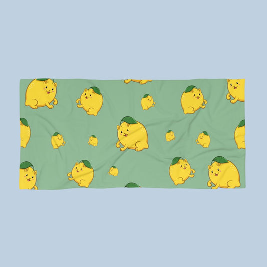 Light Green Beach Towel with Lemeow™ print. Lemeow™ is a lemon drawn as a cute cat.