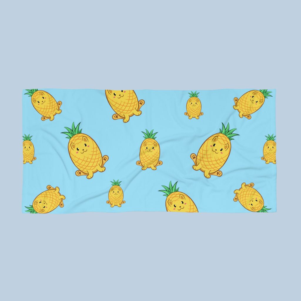 Light Blue Beach Towel with Pawnapple™ print. Pawnapple™ is a pineapple drawn as a cute cat.